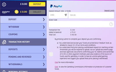 Entering amount for PayPal Deposit at PlayOJO